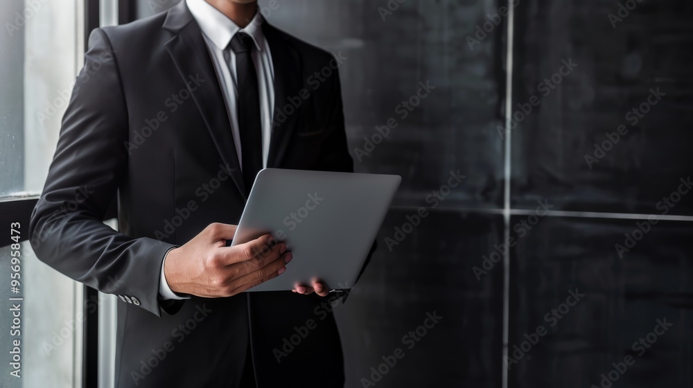 A businessman in a sleek black suit stands confidently, holding a tablet, set against a glossy, modern office backdrop. A businessman in a sleek black suit stands confidently, holding a tablet, set against a glossy, modern office backdrop.