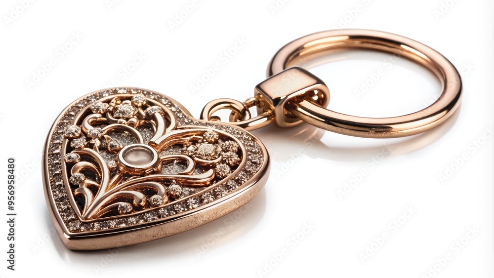 A delicate, shiny heart-shaped keychain with intricate details and a sparkly finish dangles from a bronze-toned ring, symbolizing love and sentimental attachment. A delicate, shiny heart-shaped keychain with intricate details and a sparkly finish dangles from a bronze-toned ring, symbolizing love and sentimental attachment.