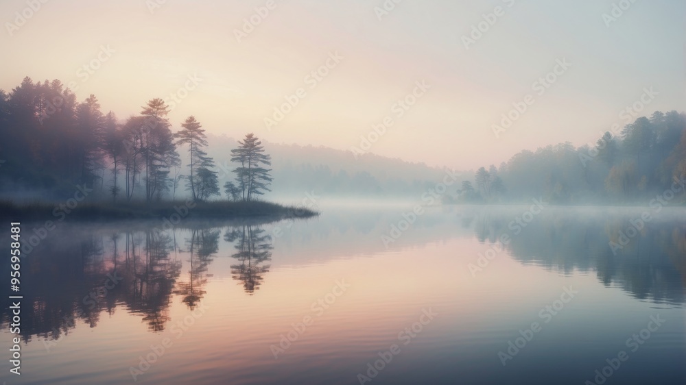 Fototapeta premium Gentle watercolor wash in pastel hues suggesting a peaceful morning mist over a calm lake.