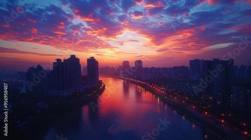 Drone timelapse footage showcases the captivating transition of a city skyline from night to day as the buildings lights fade and the sky transforms from deep blues to vibrant oranges and yellows