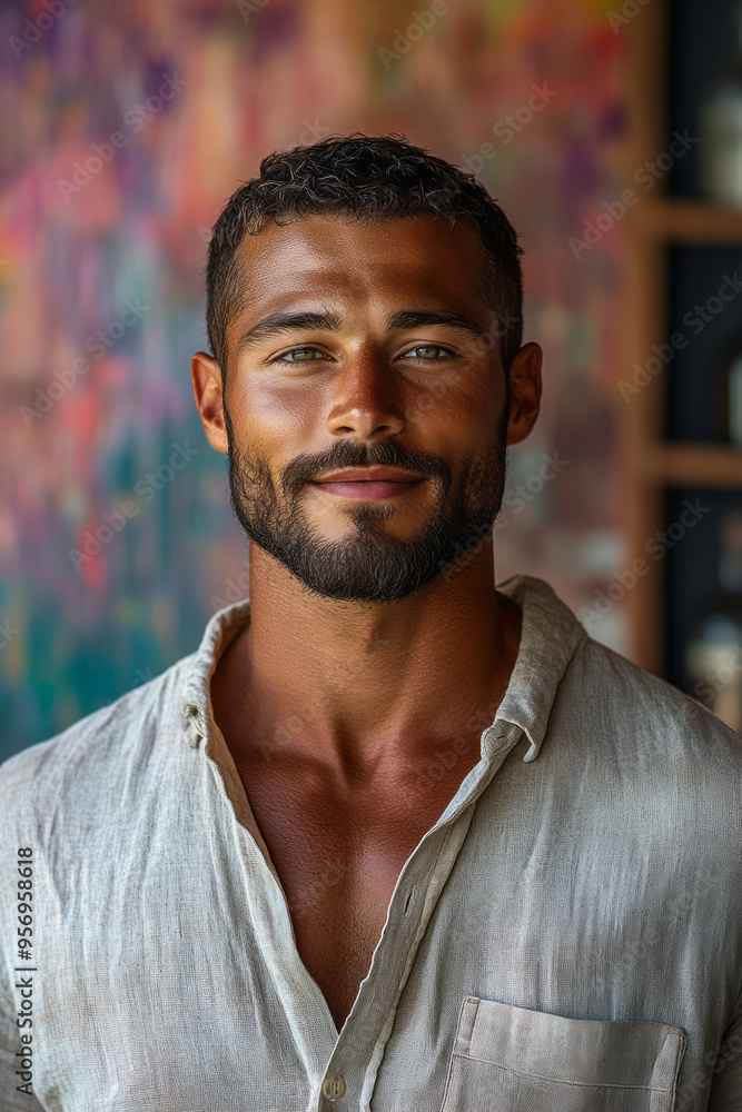 An artistic portrait of a man with a trimmed beard, smiling softly with a relaxed expression, wearing a casual shirt, isolated on a pastel lavender background, An artistic portrait of a man with a trimmed beard, smiling softly with a relaxed expression, wearing a casual shirt, isolated on a pastel lavender background,