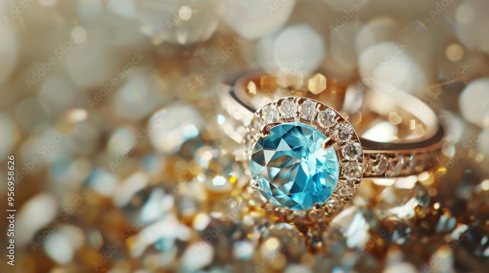 A close-up of a sparkling blue gemstone ring surrounded by a multitude of glimmering facets, radiating opulence and elegance. A close-up of a sparkling blue gemstone ring surrounded by a multitude of glimmering facets, radiating opulence and elegance.