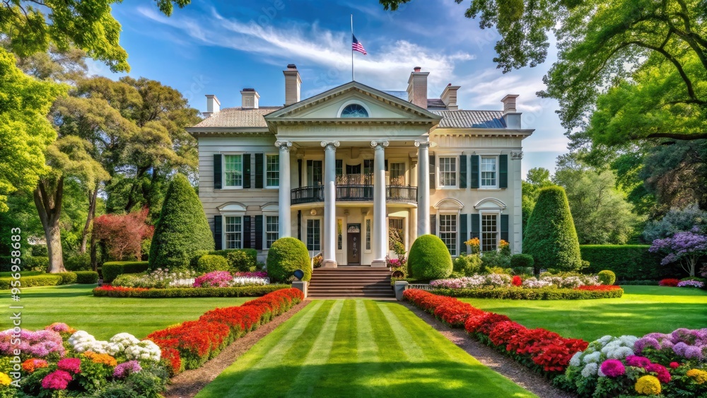 Obraz premium Historic federal-style mansion with pillared facade and manicured lawn, set amidst lush trees and vibrant flowers, epitomizing American elegance and refinement.