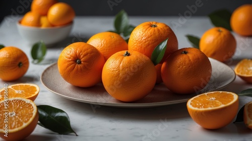 A plate of oranges is piled on top of each other. photo