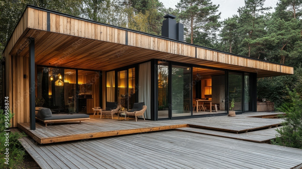 Stunning modern wooden house in loft style with a spacious terrace and outdoor sauna, surrounded by nature. Perfect for luxury living and architectural designs. Stunning modern wooden house in loft style with a spacious terrace and outdoor sauna, surrounded by nature. Perfect for luxury living and architectural designs.