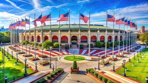 Historic outdoor arena with iconic architecture, flags, and patriotic colors, hosting various events and ceremonies, surrounded by lush greenery and blue skies. photo