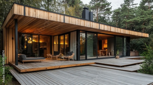 Stunning modern wooden house in loft style with a spacious terrace and outdoor sauna, surrounded by nature. Perfect for luxury living and architectural designs.