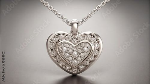 A delicate, sparkling silver necklace features an intricately designed heart-shaped pendant adorned with tiny diamonds, suspended from a dainty chain, symbolizing love and romance.