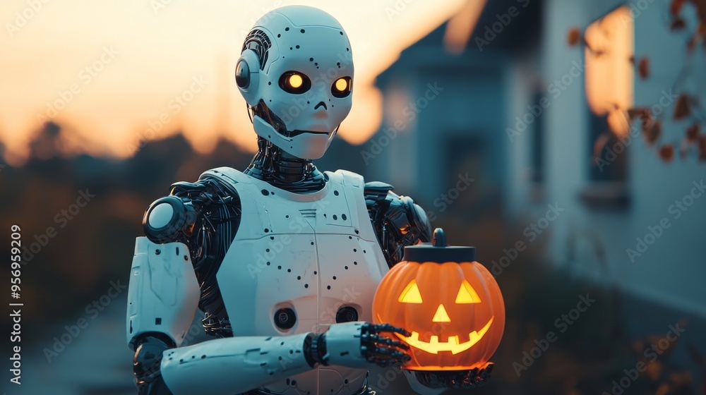 Fototapeta premium Robot Holding Jack O Lantern Halloween Night