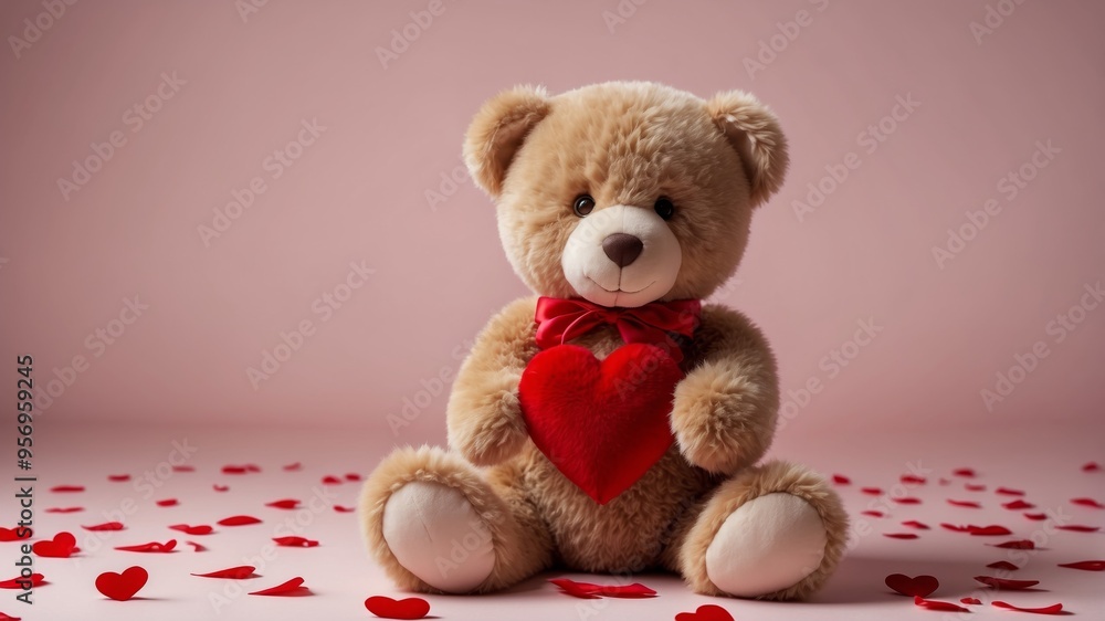 Fototapeta premium Cute Plush Teddy Bear Holding Red Heart on Pink Background for Valentine's Day Celebration.