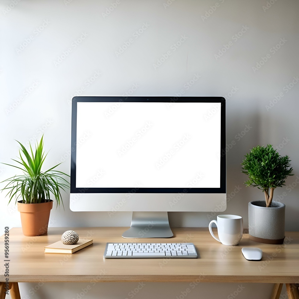 Fototapeta premium A minimalist workspace with a blank computer screen. perfect for showcasing your designs or adding text.