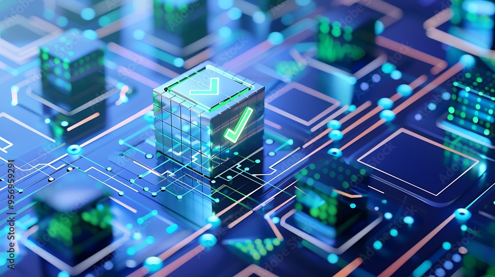 Futuristic digital blocks and circuits on a technology board represent blockchain concepts and secure data processing. Futuristic digital blocks and circuits on a technology board represent blockchain concepts and secure data processing.