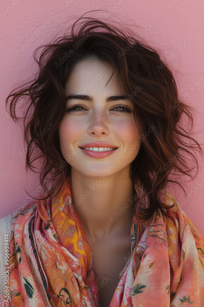 A candid portrait of a young woman laughing with her head slightly turned to the side, wearing a bright, patterned scarf, isolated on a pastel pink background, A candid portrait of a young woman laughing with her head slightly turned to the side, wearing a bright, patterned scarf, isolated on a pastel pink background,