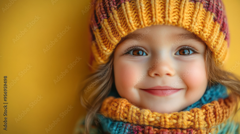 A close-up of a child with big brown eyes and a toothy grin, wearing a colorful beanie, isolated on a pastel yellow background, A close-up of a child with big brown eyes and a toothy grin, wearing a colorful beanie, isolated on a pastel yellow background,
