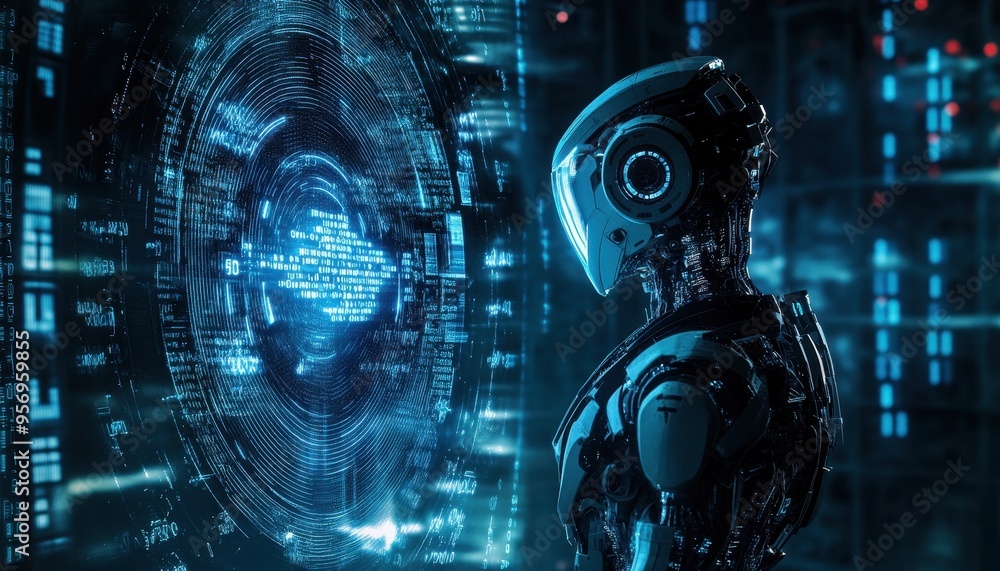 Technological Innovation: Futuristic Robot Engaging with Holographic Interface amidst Binary Code Overlay in Advanced Setting Technological Innovation: Futuristic Robot Engaging with Holographic Interface amidst Binary Code Overlay in Advanced Setting