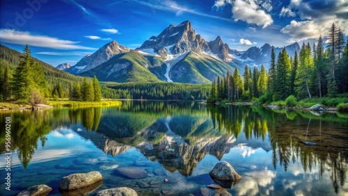 Serene lake waters reflect majestic mountain peaks under a clear blue sky, surrounded by lush green forests and a topographically detailed map spread out on a rock. photo