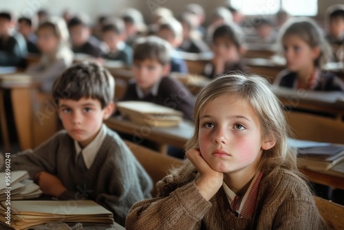 Students sit attentively in a crowded classroom, surrounded by outdated books and lacking essential learning materials, eager to learn. Generative AI