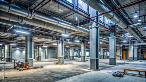 A dimly lit unfinished interior of a commercial building under construction, with exposed ductwork, pipes, and concrete columns, awaiting final touches and occupancy.