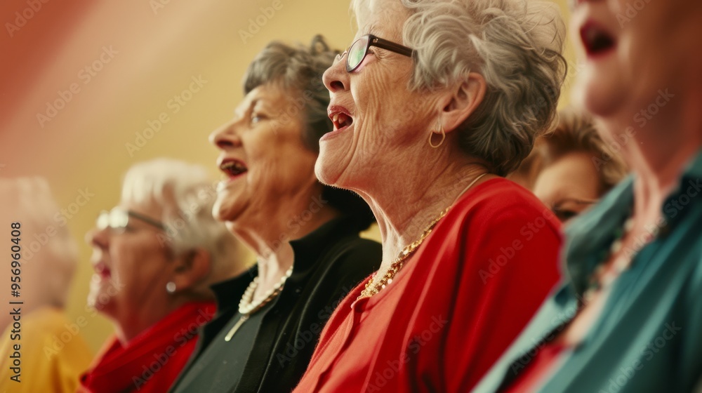 Elderly women joyfully singing together in a group, embodying companionship and the shared love of music. Elderly women joyfully singing together in a group, embodying companionship and the shared love of music.