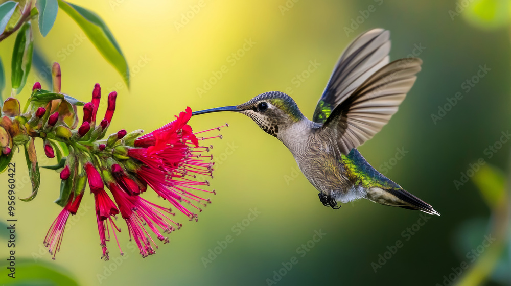 Fototapeta premium Hummingbird in Flight, Feeding on Red Flower