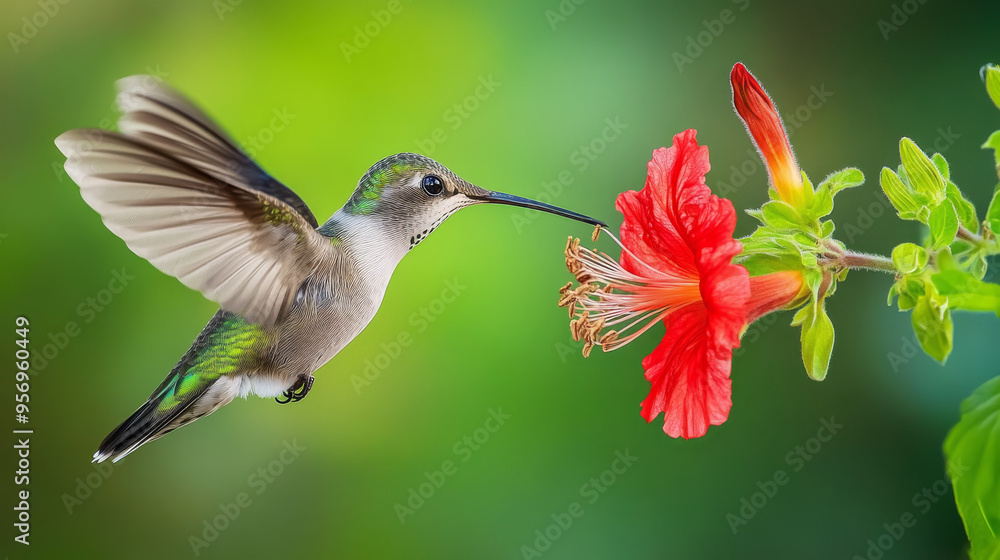 Hummingbird in Flight, Feeding on a Red Flower Hummingbird in Flight, Feeding on a Red Flower