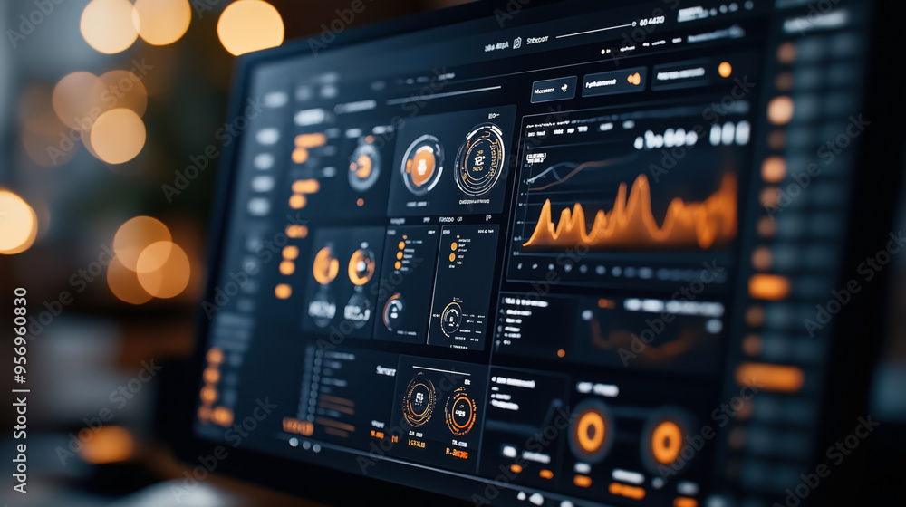 Close-up of a computer monitor displaying a complex data analytics dashboard with charts, graphs, and gauges highlighted in orange in a dimly lit environment. Close-up of a computer monitor displaying a complex data analytics dashboard with charts, graphs, and gauges highlighted in orange in a dimly lit environment.