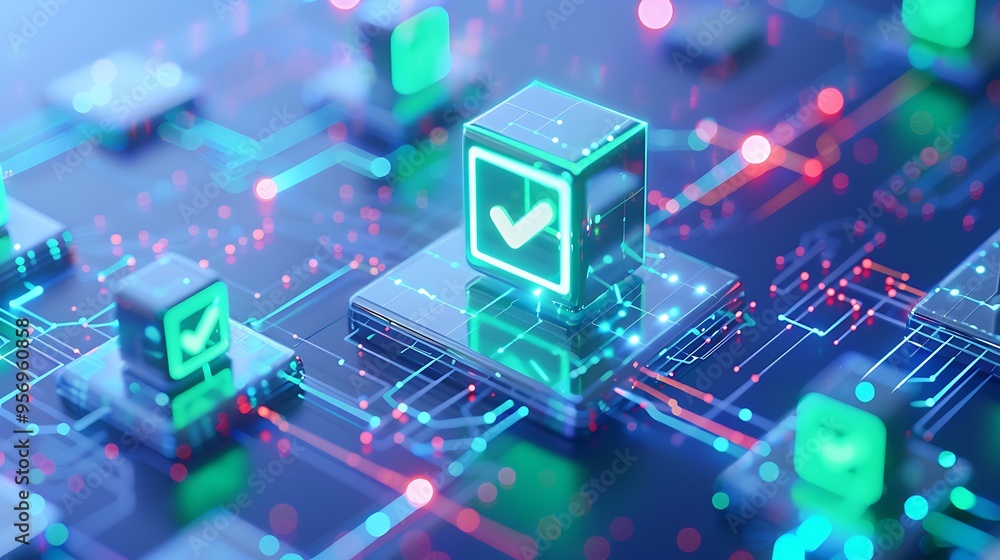 Futuristic digital circuit board with glowing checkmark symbol, representing data verification and blockchain technology. Futuristic digital circuit board with glowing checkmark symbol, representing data verification and blockchain technology.