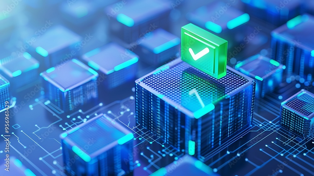 Futuristic digital concept featuring a checkmark icon on a technology circuit board, representing security and validation. Futuristic digital concept featuring a checkmark icon on a technology circuit board, representing security and validation.