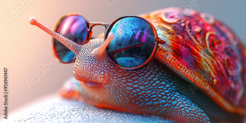 A snail with round sunglasses, a colorful shell, and a relaxed expression. photo