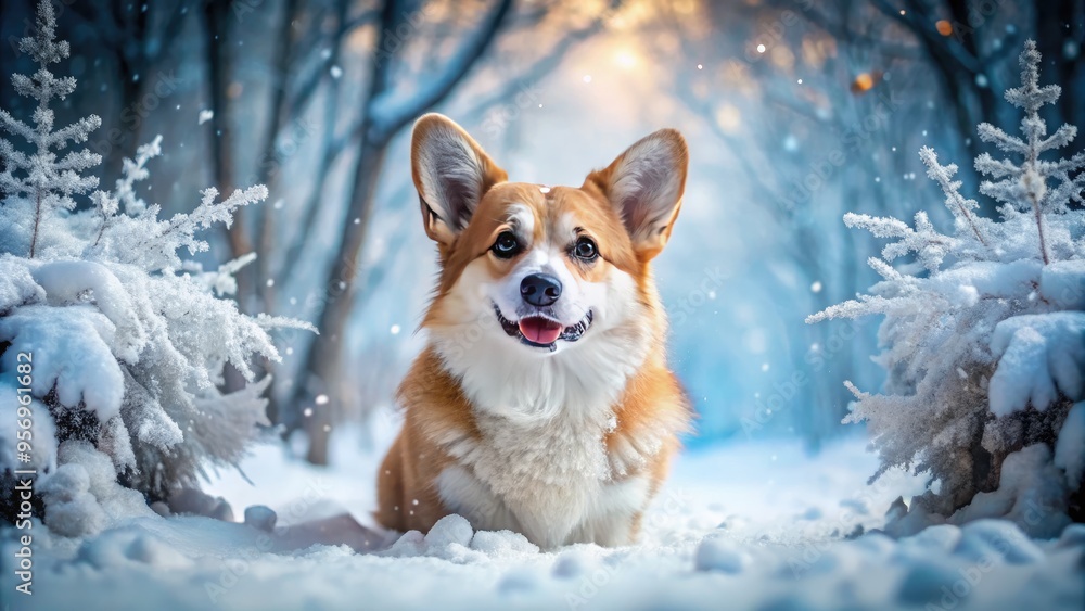 Adorable fluffy corgi wags tail, paws covered in snow, as it explores winter wonderland, surrounded by frosty trees and soft snowflakes gently falling. Adorable fluffy corgi wags tail, paws covered in snow, as it explores winter wonderland, surrounded by frosty trees and soft snowflakes gently falling.
