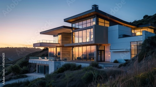 Wallpaper Mural Modern glass house illuminated by the sunset, nestled on a green hillside with a scenic backdrop of rolling hills and sky in warm hues. Torontodigital.ca