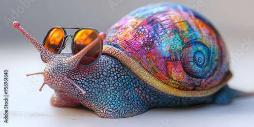 A colorful snail with sunglasses, looking cool and relaxed. photo