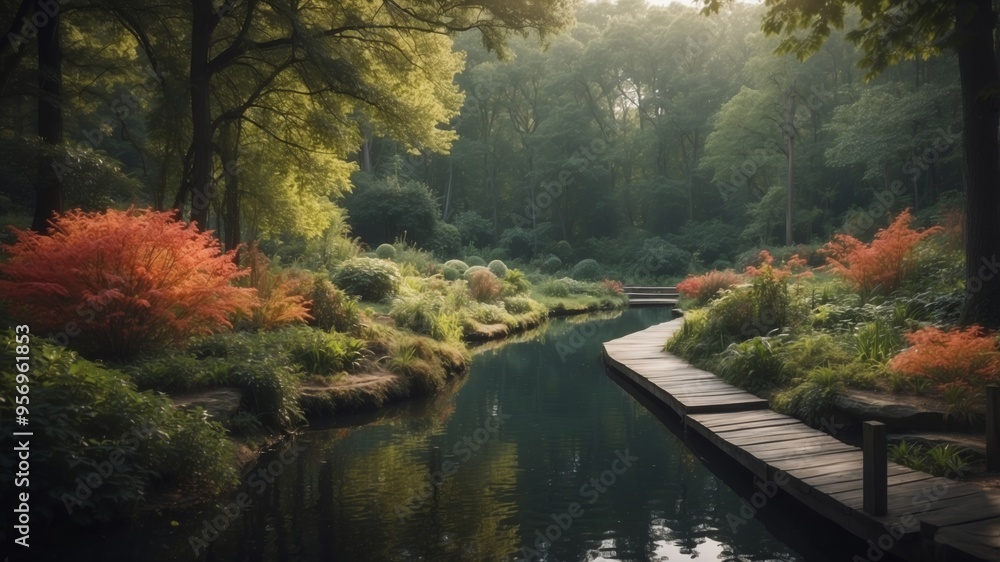 Fototapeta premium Lush and Serene Woodland Landscape with Tranquil Pond and Winding Pathway.