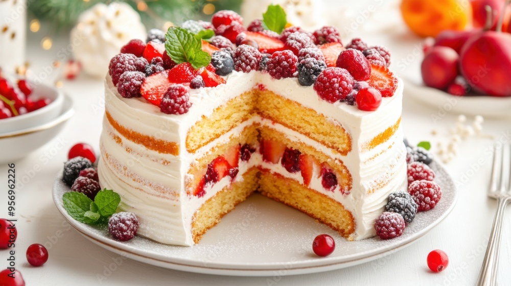 A deliciously layered cake topped with fresh berries and mint, perfect for festive celebrations and sweet moments. A deliciously layered cake topped with fresh berries and mint, perfect for festive celebrations and sweet moments.