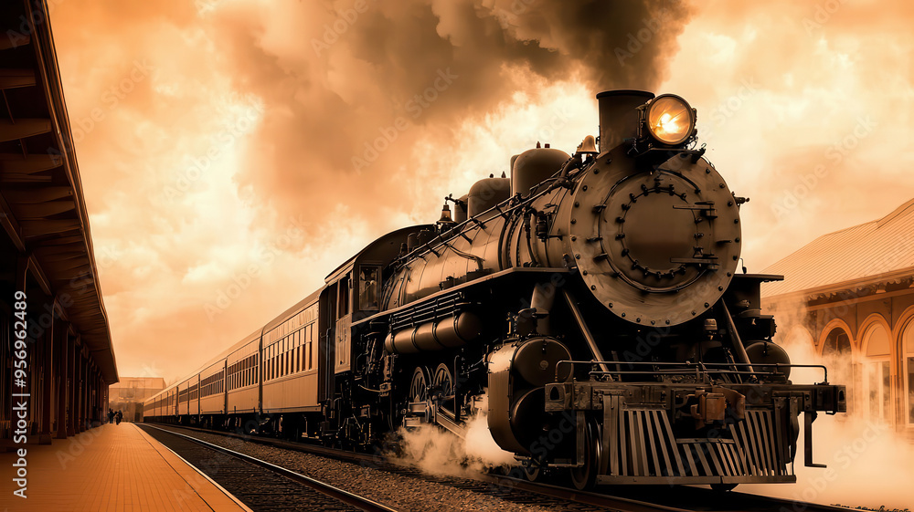 Fototapeta premium Classic 1950s steam locomotive pulling into a small-town station