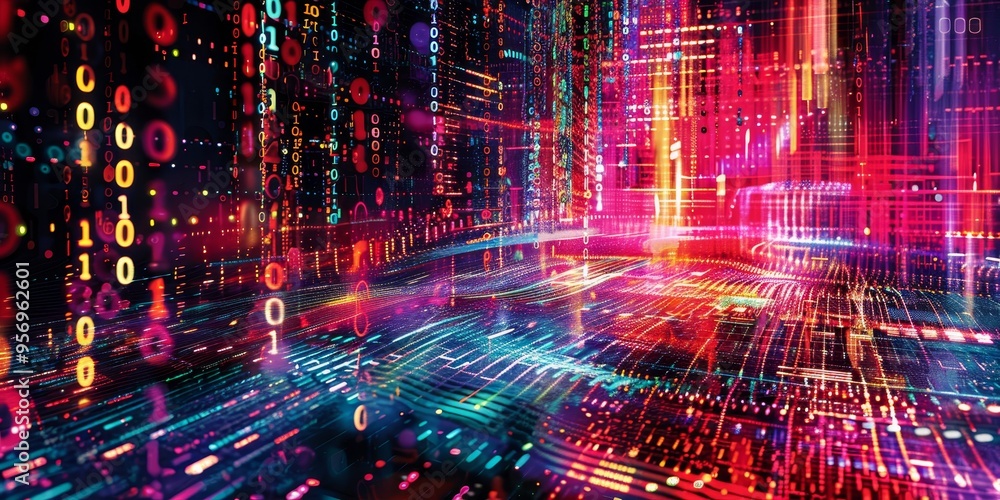Creative depiction of information technology with abstract patterns and digital code Creative depiction of information technology with abstract patterns and digital code