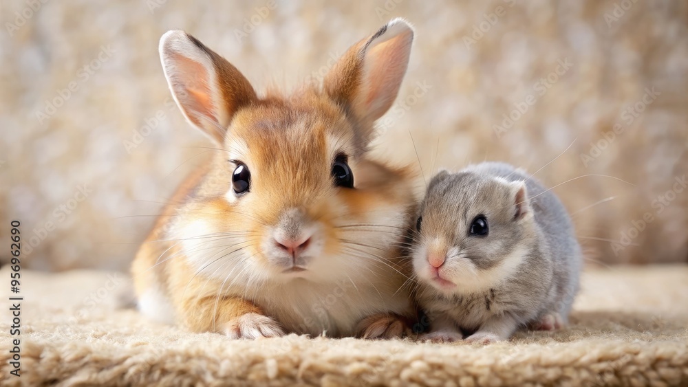 Obraz premium Adorable little rabbit and tiny hamster snuggle up together, showcasing their soft fur, big eyes, and endearing expressions in a warm, cozy, natural setting.