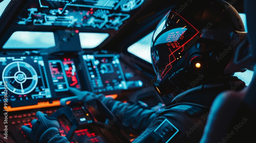 Astronaut navigating a high-tech spaceship cockpit, surrounded by illuminated controls and vibrant screens indicating a complex space mission. Astronaut navigating a high-tech spaceship cockpit, surrounded by illuminated controls and vibrant screens indicating a complex space mission.