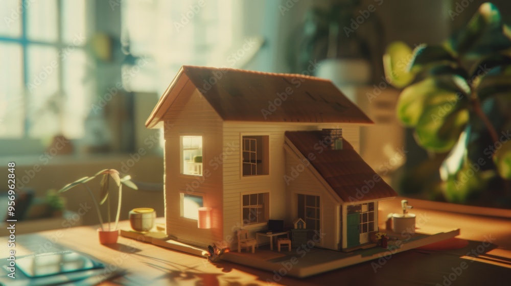 A charming miniature house model sits on a sunlit table inside a cozy, modern home with plants and soft ambient light. A charming miniature house model sits on a sunlit table inside a cozy, modern home with plants and soft ambient light.