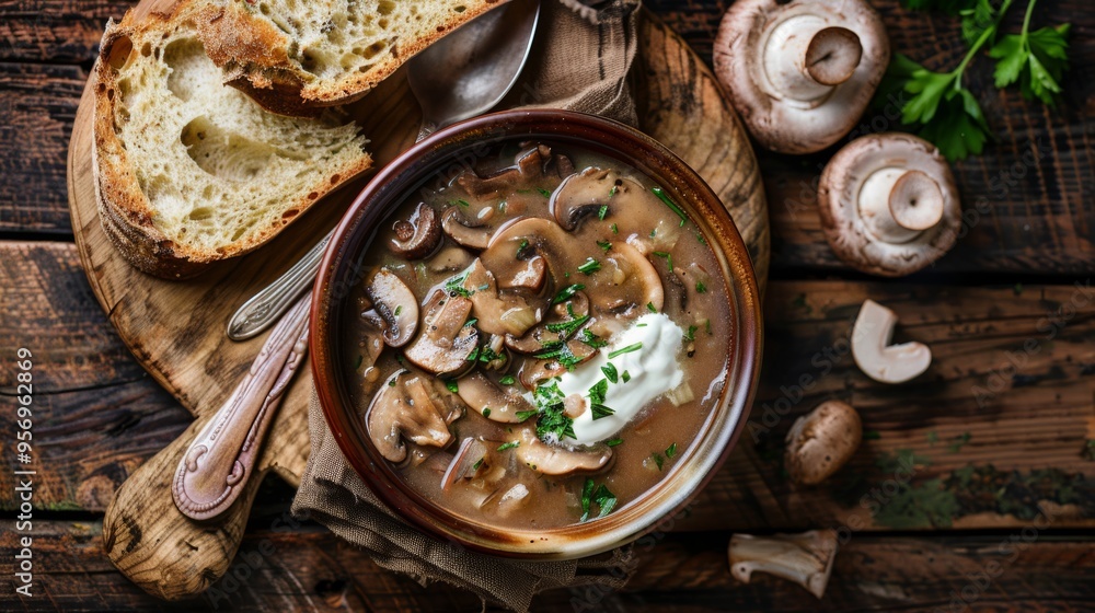 A rustic bowl of mushroom soup garnished with herbs, served with slices of crusty bread, creating a warm and comforting dining experience. A rustic bowl of mushroom soup garnished with herbs, served with slices of crusty bread, creating a warm and comforting dining experience.