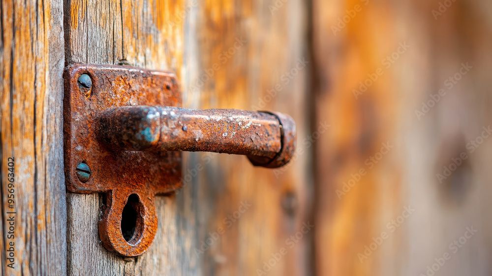 Close-up view of a rusty metal door handle on a weathered wooden door showcasing intricate textures and details Close-up view of a rusty metal door handle on a weathered wooden door showcasing intricate textures and details