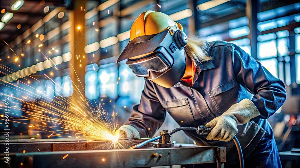 A focused female worker in protective gear, goggles, and helmet skillfully welds metal parts together, sparks flying, in a bright, well-lit industrial workshop setting. A focused female worker in protective gear, goggles, and helmet skillfully welds metal parts together, sparks flying, in a bright, well-lit industrial workshop setting.
