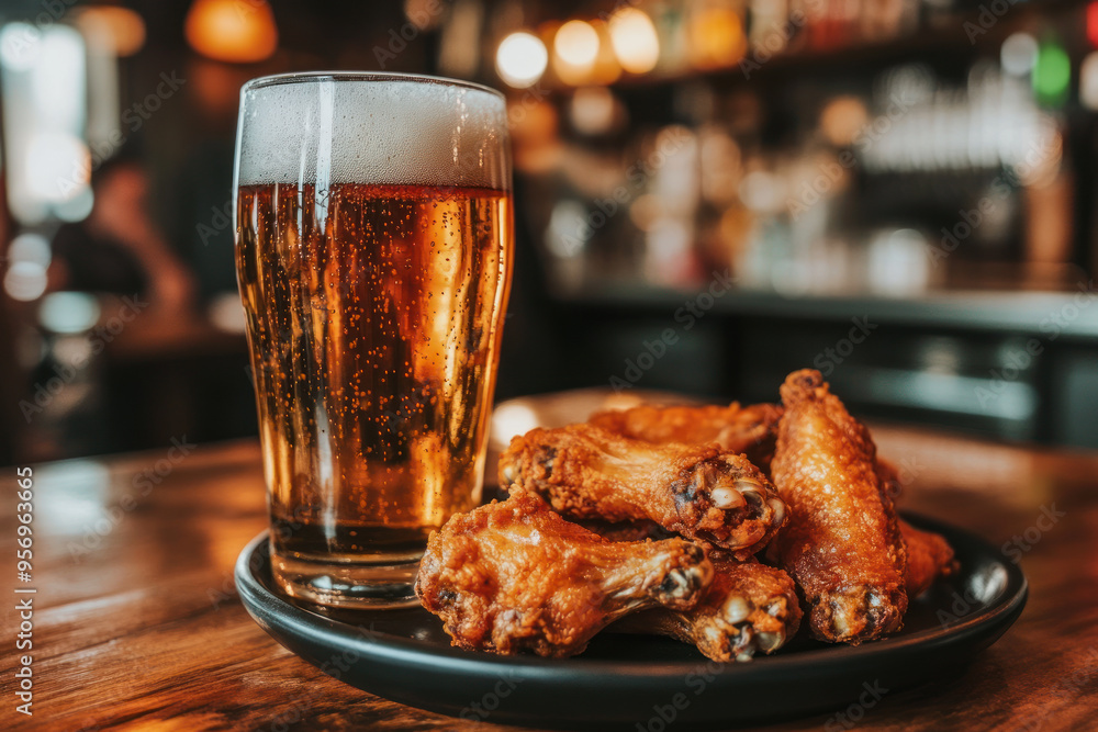 Glass of cold beer with fried chicken on a brown wooden table in a pub. Oktoberfest background. Glass of cold beer with fried chicken on a brown wooden table in a pub. Oktoberfest background.