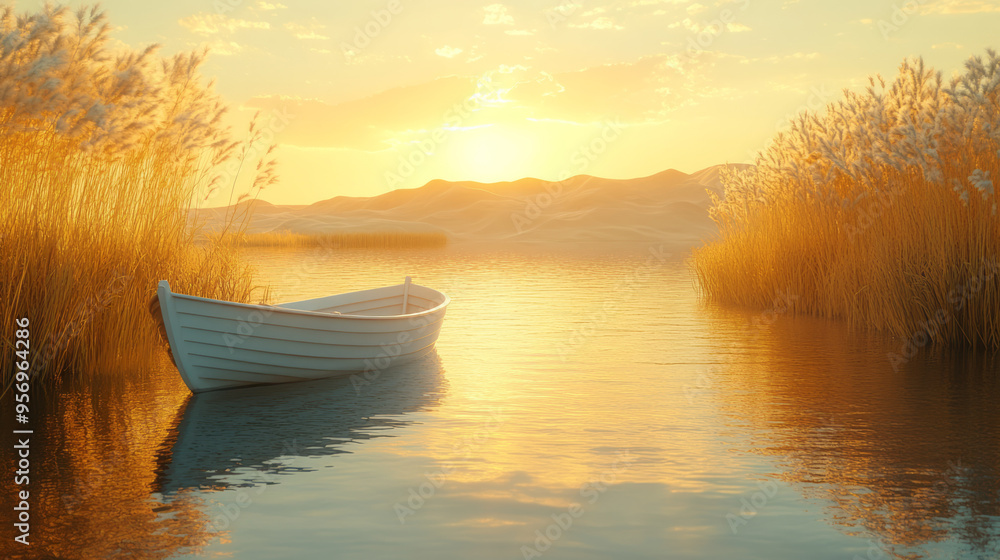 A 3D scene of a small boat drifting in an oasis surrounded by tall grasses and reeds, with a distant view of a sandy desert, isolated on a pastel yellow background, A 3D scene of a small boat drifting in an oasis surrounded by tall grasses and reeds, with a distant view of a sandy desert, isolated on a pastel yellow background,