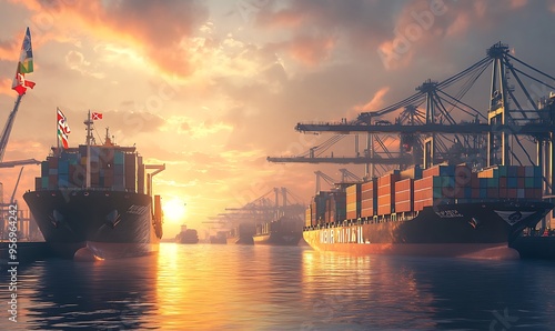 Bustling International Port with Massive Cargo Ships Loading Containers Marked by Flags of Different Nations at Sunrise