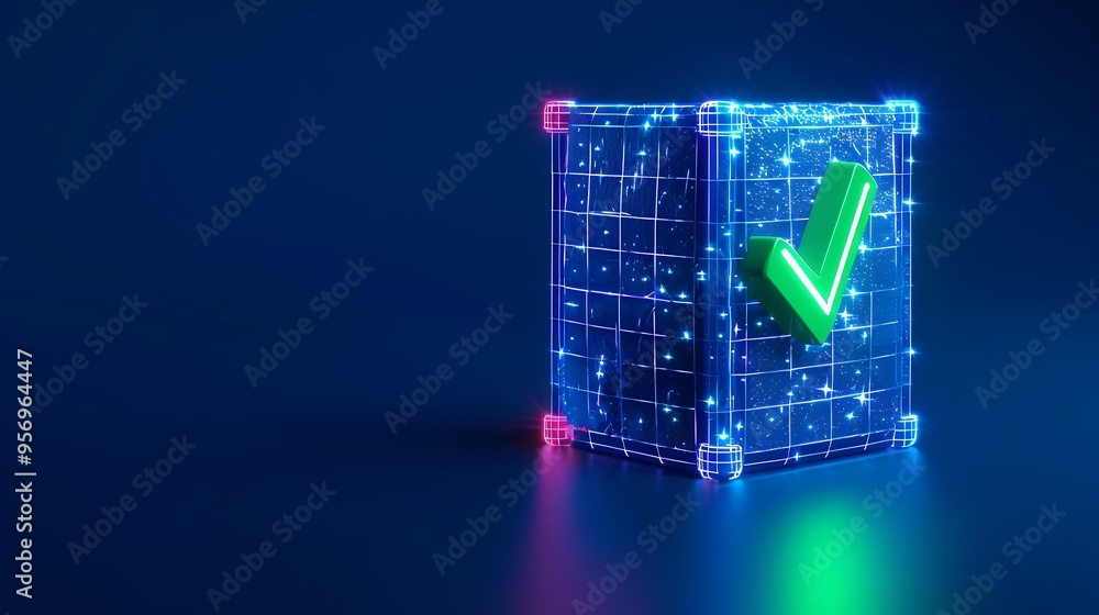 Futuristic glowing cube with a check mark, symbolizing digital verification, blockchain, or secure data. Blue and neon colors, technology concept. Futuristic glowing cube with a check mark, symbolizing digital verification, blockchain, or secure data. Blue and neon colors, technology concept.