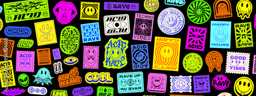 Cool Y2k Acid Rave Stickers Collage Vector Illustation. Groovy Patches.