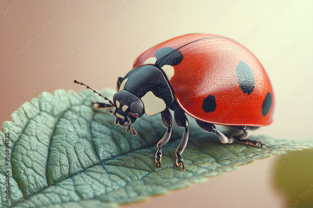 Fototapeta premium A detailed shot of a ladybug crawling along the edge of a leaf, with its bright red shell and tiny black spots in sharp focus, isolated on a pastel beige background,
