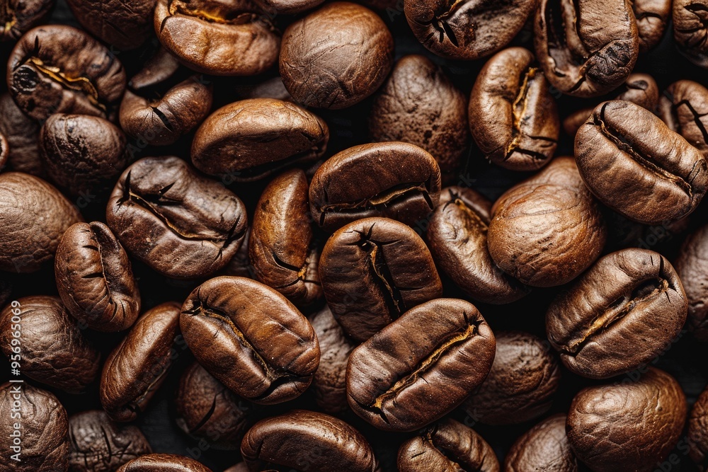 Brown Roasted Coffee Beans Closeup On Dark Background with generative ai Brown Roasted Coffee Beans Closeup On Dark Background with generative ai