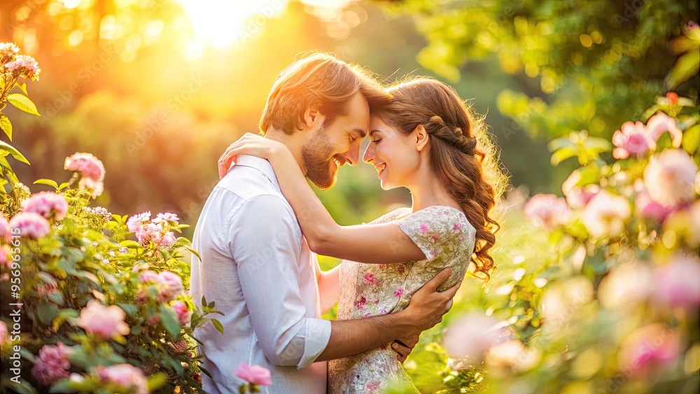 A joyful, embracing pair sharing a tender moment, surrounded by lush greenery,warm sunlight, and soft petals, exuding love, happiness, and togetherness. A joyful, embracing pair sharing a tender moment, surrounded by lush greenery,warm sunlight, and soft petals, exuding love, happiness, and togetherness.